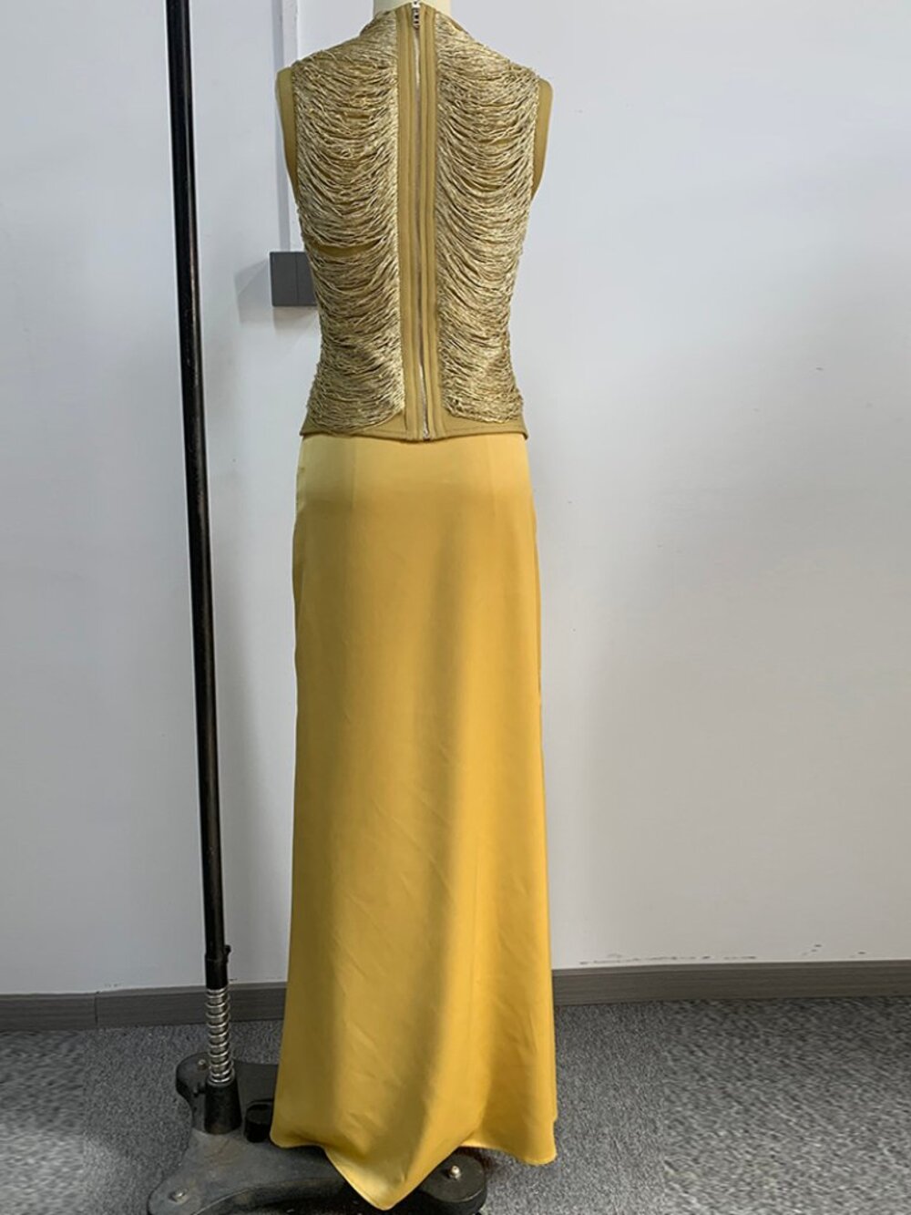 Gold Metallic Fringe Top & Satin Maxi Skirt 2-Piece Evening Set - Picture 4 of 5
